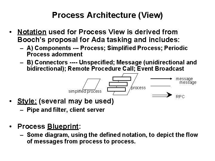 Process Architecture (View) • Notation used for Process View is derived from Booch’s proposal