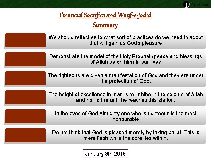 Financial Sacrifice and Waqf-e-Jadid Summary We should reflect as to what sort of practices