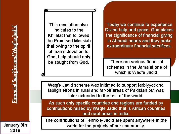 Financial Sacrifice and Waqf-e-Jadid January 8 th 2016 This revelation also indicates to the