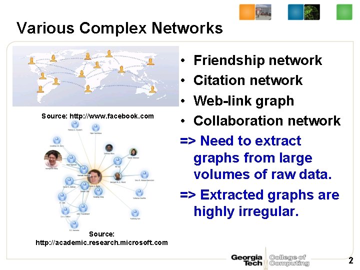 Various Complex Networks Source: http: //www. facebook. com • Friendship network • Citation network