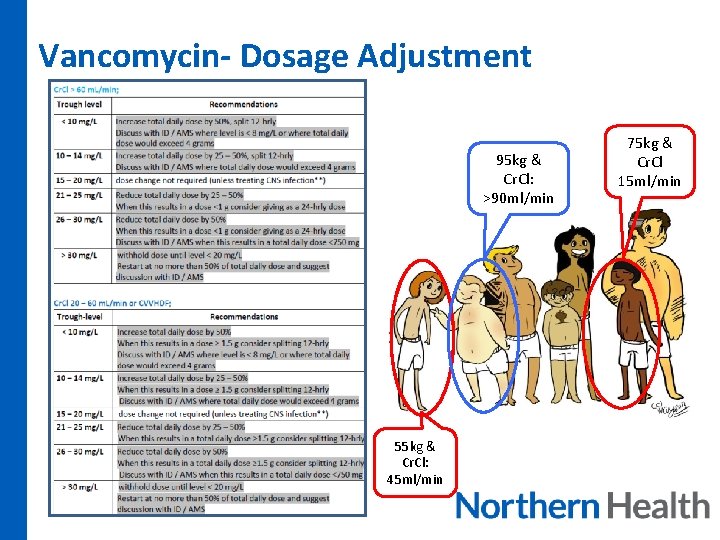 Vancomycin- Dosage Adjustment 95 kg & Cr. Cl: >90 ml/min 55 kg & Cr.