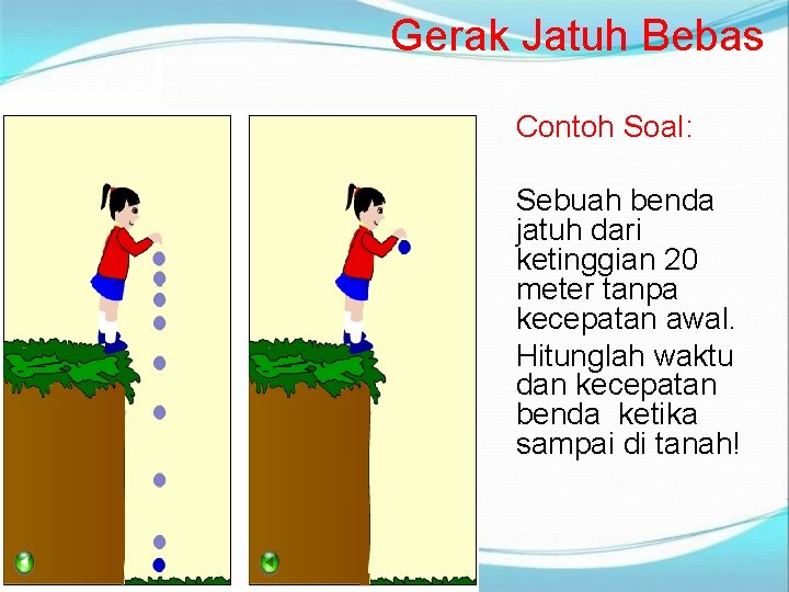 Gerak Jatuh Bebas Contoh Soal: Sebuah benda jatuh dari ketinggian 20 meter tanpa kecepatan