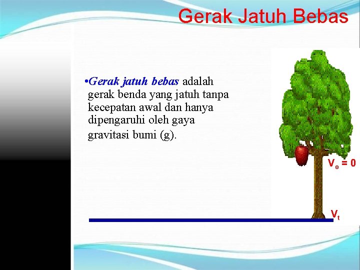 Gerak Jatuh Bebas • Gerak jatuh bebas adalah gerak benda yang jatuh tanpa kecepatan