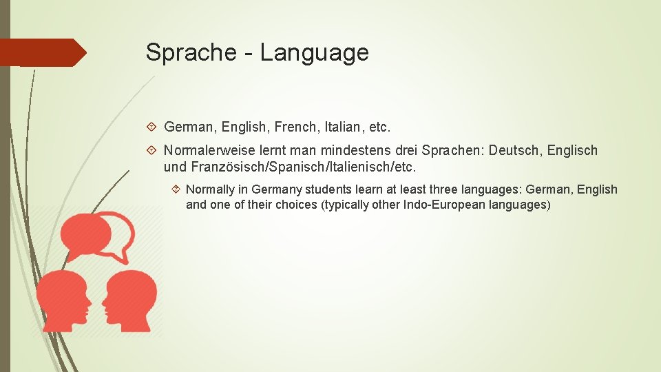 Sprache - Language German, English, French, Italian, etc. Normalerweise lernt man mindestens drei Sprachen: