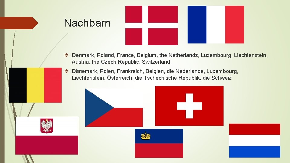 Nachbarn Denmark, Poland, France, Belgium, the Netherlands, Luxembourg, Liechtenstein, Austria, the Czech Republic, Switzerland