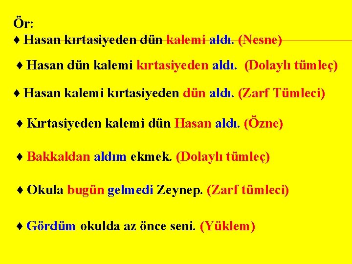 Ör: ♦ Hasan kırtasiyeden dün kalemi aldı. (Nesne) ♦ Hasan dün kalemi kırtasiyeden aldı.