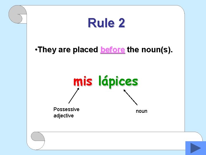 Rule 2 • They are placed before the noun(s). mis lápices Possessive adjective noun