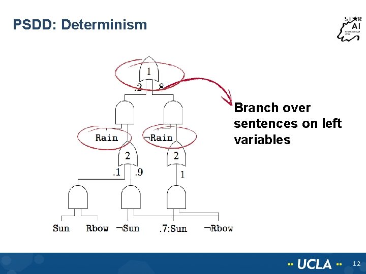 PSDD: Determinism Branch over sentences on left variables 12 PSDD: Determinism Branch over sentences on left variables 12