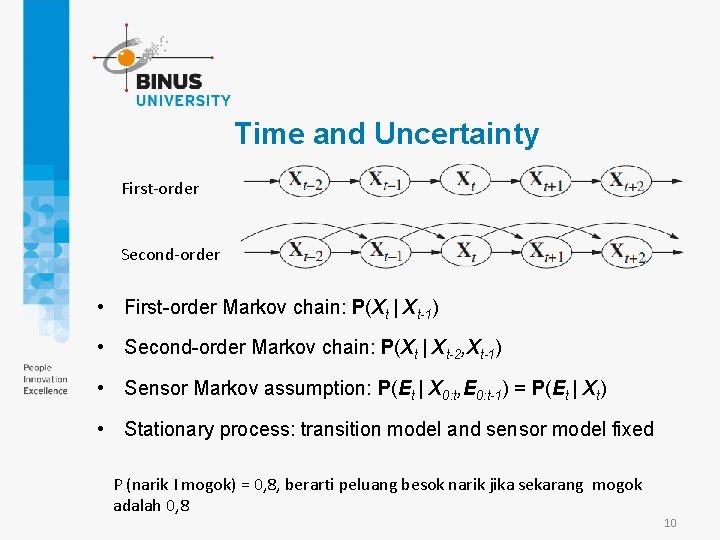 Time and Uncertainty First-order Second-order • First-order Markov chain: P(Xt | Xt-1) • Second-order