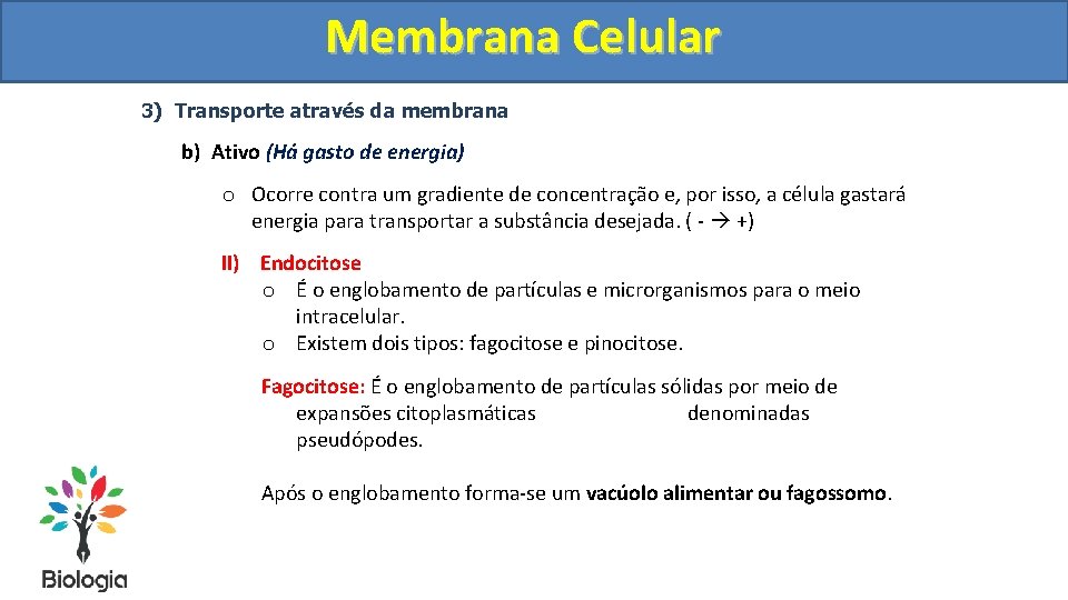 Membrana Celular 3) Transporte através da membrana b) Ativo (Há gasto de energia) o