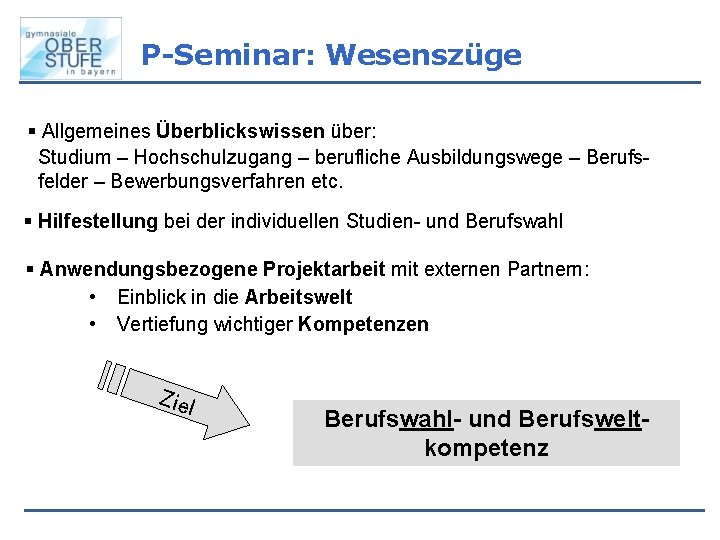 P-Seminar: Wesenszüge § Allgemeines Überblickswissen über: Studium – Hochschulzugang – berufliche Ausbildungswege – Berufsfelder