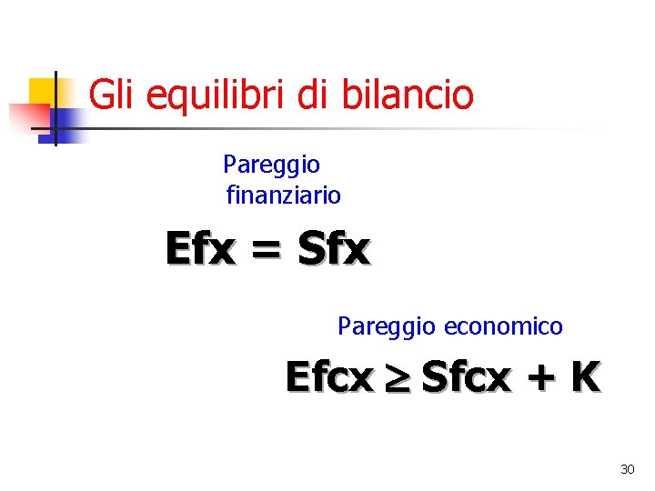 Gli equilibri di bilancio Pareggio finanziario Efx = Sfx Pareggio economico Efcx Sfcx +
