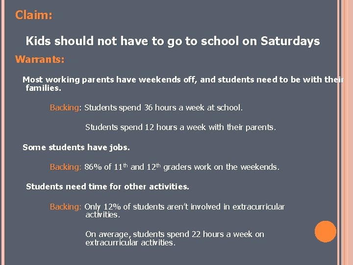 Claim: Kids should not have to go to school on Saturdays. Warrants: Most working