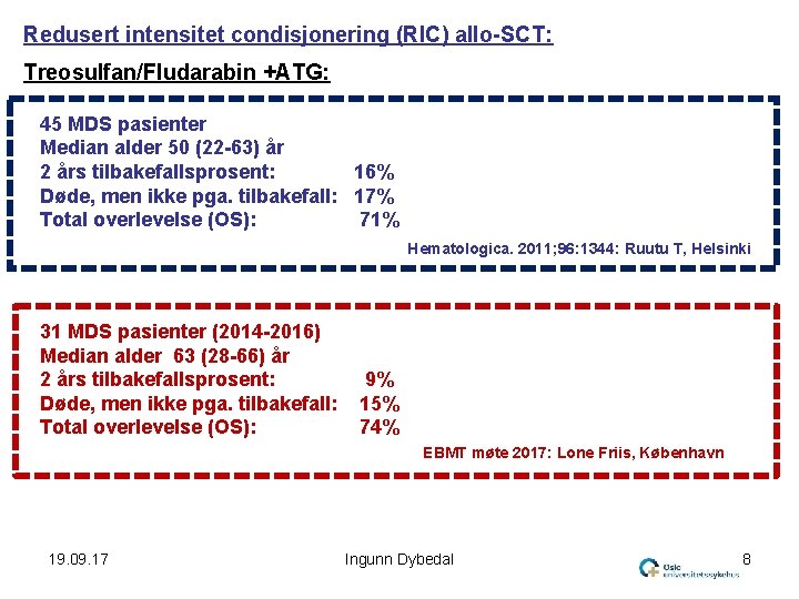 Redusert intensitet condisjonering (RIC) allo-SCT: Treosulfan/Fludarabin +ATG: 45 MDS pasienter Median alder 50 (22