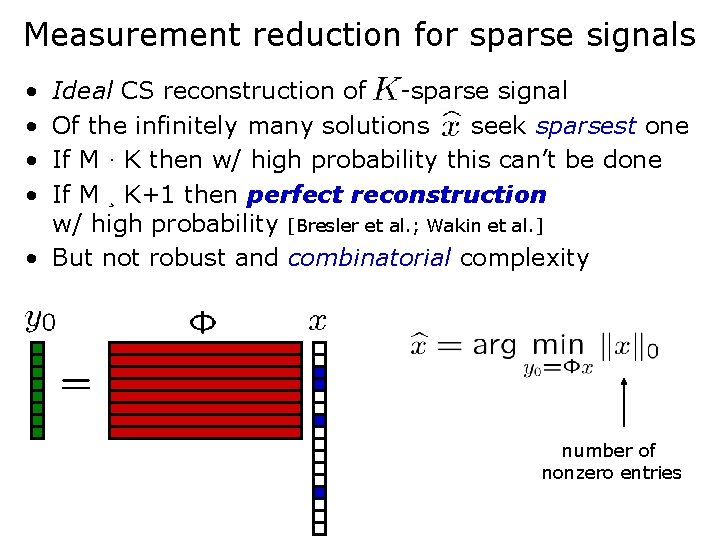 Measurement reduction for sparse signals • • Ideal CS reconstruction of -sparse signal Of