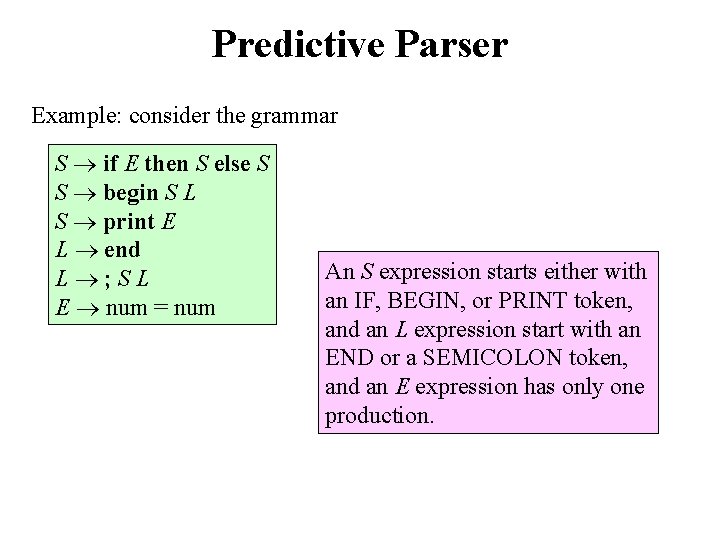 Predictive Parser Example: consider the grammar S if E then S else S S