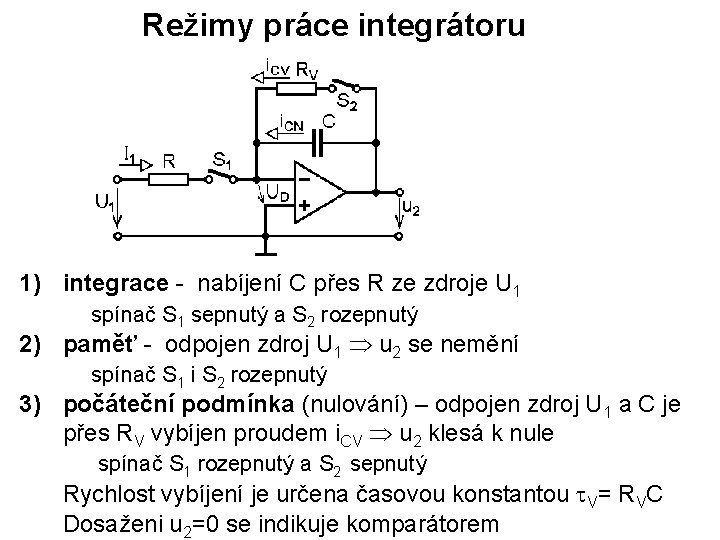 Režimy práce integrátoru 1) integrace - nabíjení C přes R ze zdroje U 1