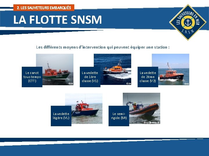 2. LES SAUVETEURS EMBARQUÉS LA FLOTTE SNSM Les différents moyens d’intervention qui peuvent équiper