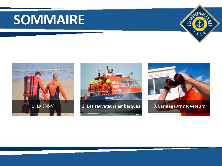 SOMMAIRE 1. La SNSM 2. Les sauveteurs embarqués ©DR ©SNSM 3. Les nageurs sauveteurs