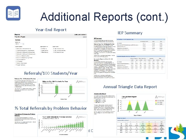 Additional Reports (cont. ) Year-End Report IEP Summary Referrals/100 Students/Year Annual Triangle Data Report