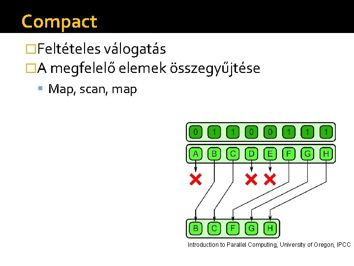 Compact �Feltételes válogatás �A megfelelő elemek összegyűjtése Map, scan, map Introduction to Parallel Computing,