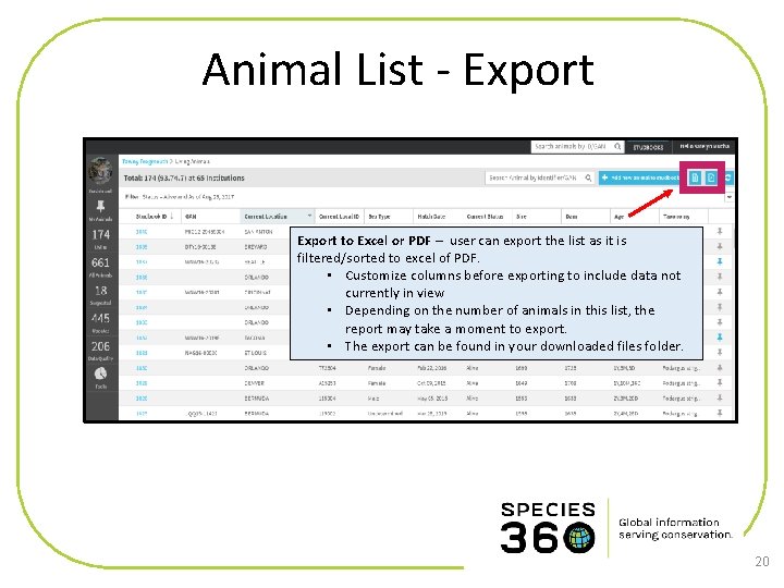 Animal List - Export to Excel or PDF – user can export the list