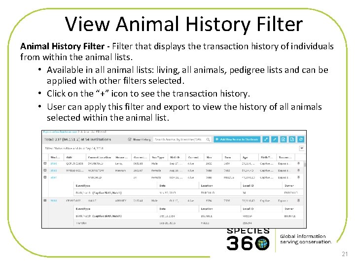 View Animal History Filter - Filter that displays the transaction history of individuals from
