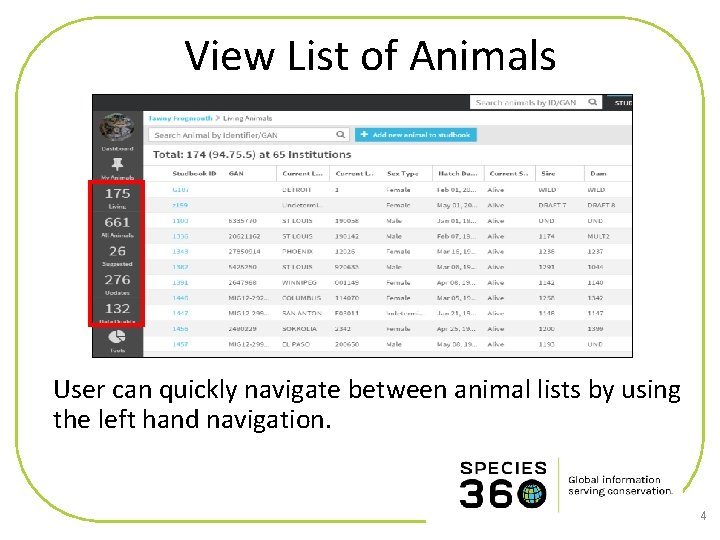 View List of Animals User can quickly navigate between animal lists by using the