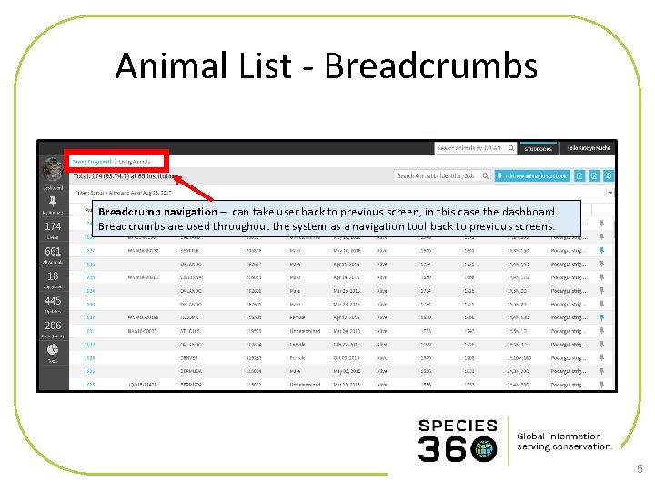 Animal List - Breadcrumbs Breadcrumb navigation – can take user back to previous screen,