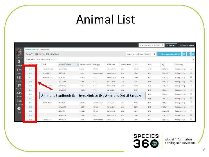 Animal List Animal’s Studbook ID – hyperlink to the Animal’s Detail Screen 6 