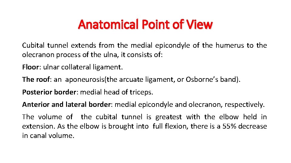 Anatomical Point of View Cubital tunnel extends from the medial epicondyle of the humerus