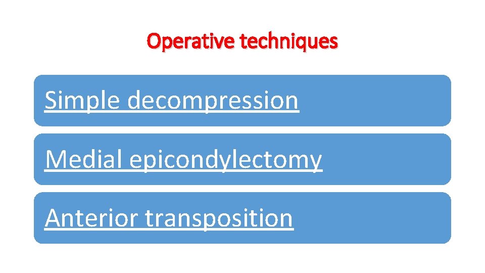 Operative techniques Simple decompression Medial epicondylectomy Anterior transposition 