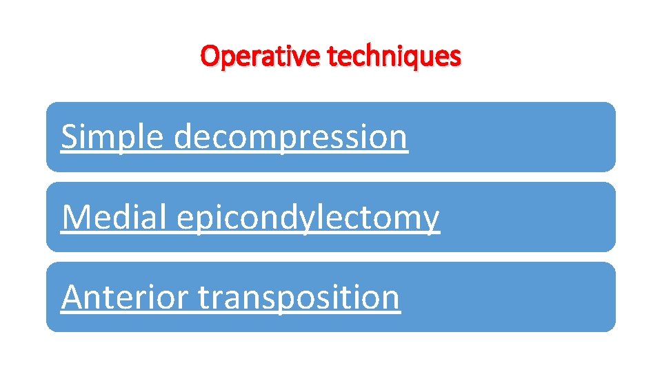 Operative techniques Simple decompression Medial epicondylectomy Anterior transposition 
