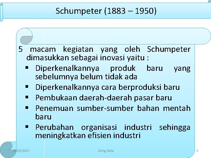 Schumpeter (1883 – 1950) 5 macam kegiatan yang oleh Schumpeter dimasukkan sebagai inovasi yaitu