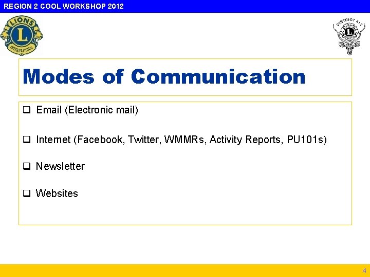 REGION 2 COOL WORKSHOP 2012 Modes of Communication q Email (Electronic mail) q Internet