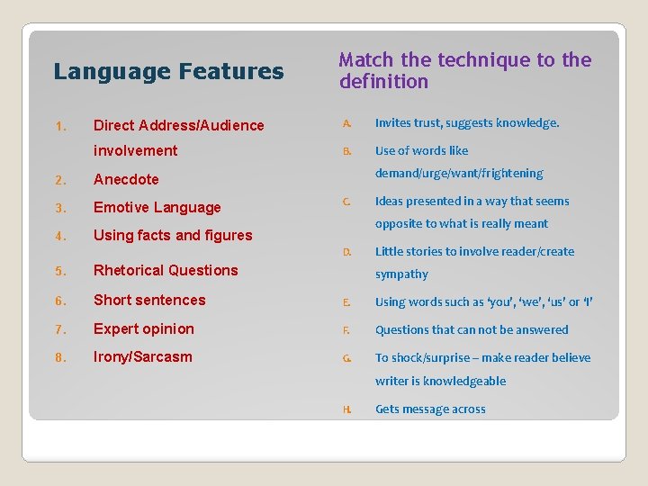 Language Features 1. Match the technique to the definition Direct Address/Audience A. Invites trust,