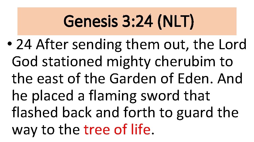 Genesis 3: 24 (NLT) • 24 After sending them out, the Lord God stationed