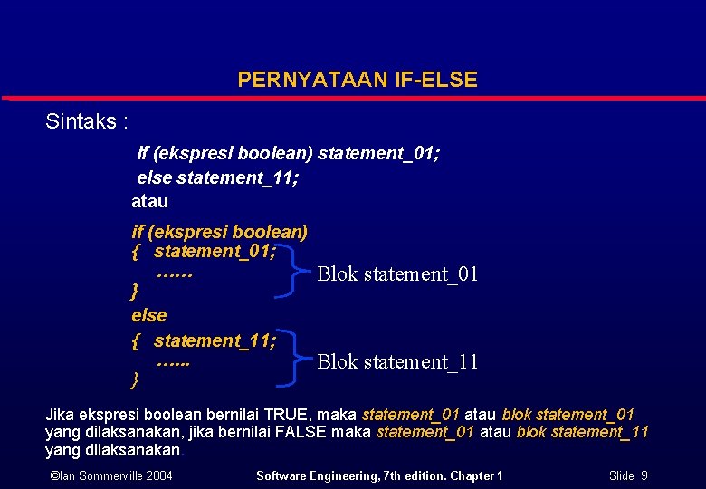 PERNYATAAN IF-ELSE Sintaks : if (ekspresi boolean) statement_01; else statement_11; atau if (ekspresi boolean) PERNYATAAN IF-ELSE Sintaks : if (ekspresi boolean) statement_01; else statement_11; atau if (ekspresi boolean)