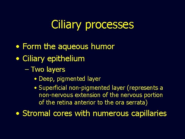 Ciliary processes • Form the aqueous humor • Ciliary epithelium – Two layers •