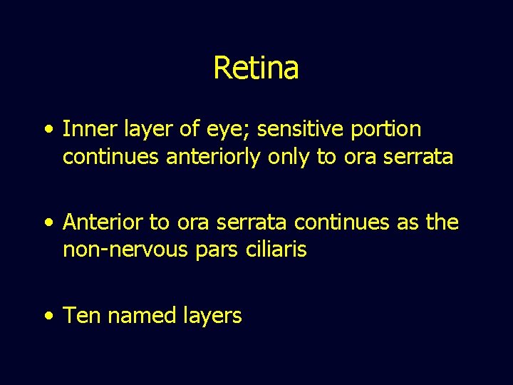 Retina • Inner layer of eye; sensitive portion continues anteriorly only to ora serrata