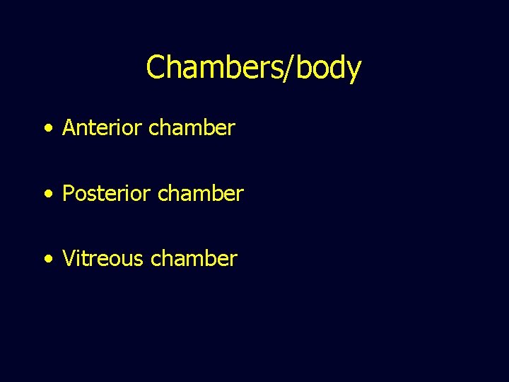 Chambers/body • Anterior chamber • Posterior chamber • Vitreous chamber 