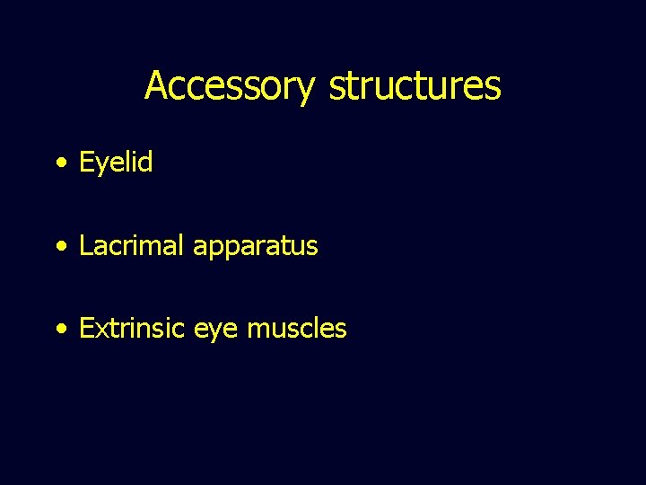 Accessory structures • Eyelid • Lacrimal apparatus • Extrinsic eye muscles 