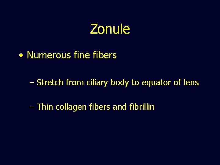 Zonule • Numerous fine fibers – Stretch from ciliary body to equator of lens
