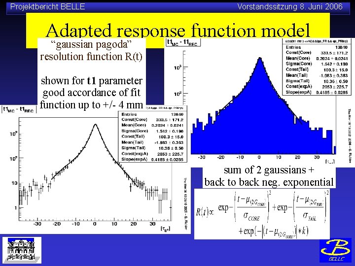 Projektbericht BELLE Vorstandssitzung 8. Juni 2006 Adapted response function model “gaussian pagoda” resolution function