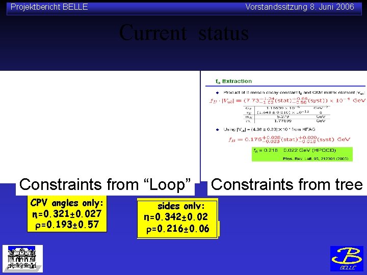 Projektbericht BELLE Vorstandssitzung 8. Juni 2006 Current status Constraints from “Loop” CPV angles only: