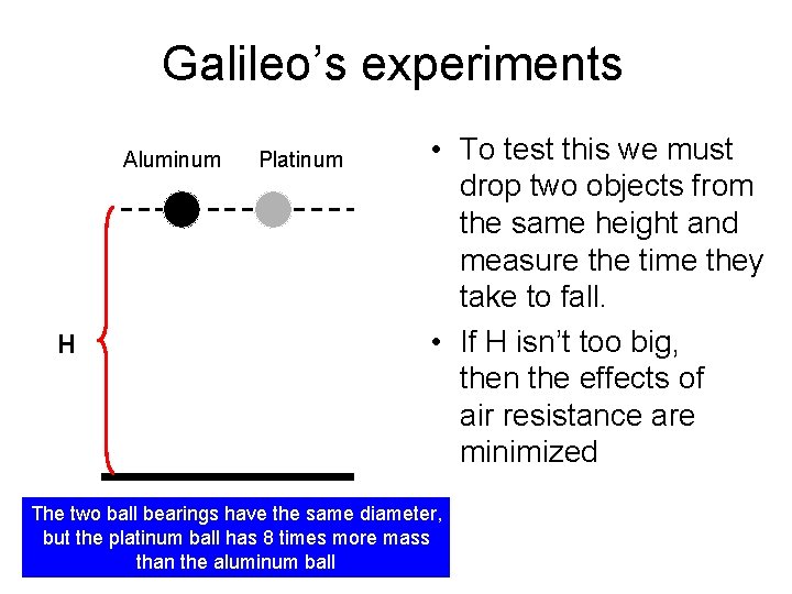 Galileo’s experiments Aluminum H Platinum • To test this we must drop two objects