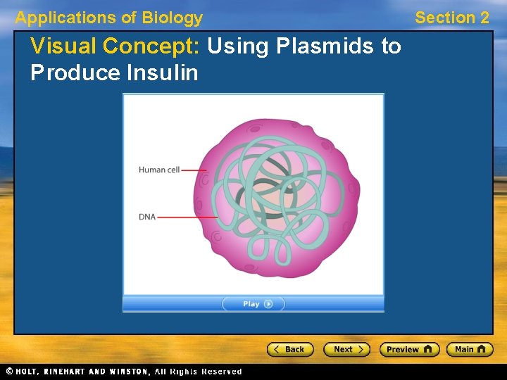 Applications of Biology Visual Concept: Using Plasmids to Produce Insulin Section 2 