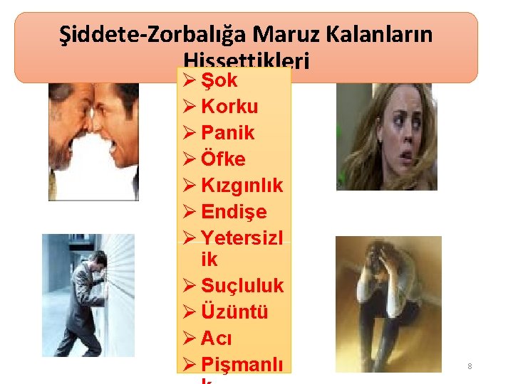 Şiddete-Zorbalığa Maruz Kalanların Hissettikleri Ø Şok Ø Korku Ø Panik Ø Öfke Ø Kızgınlık