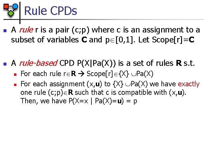 Rule CPDs n n A rule r is a pair (c; p) where c