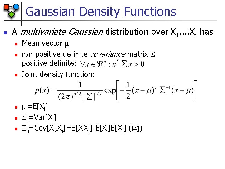 Gaussian Density Functions n A multivariate Gaussian distribution over X 1, . . .
